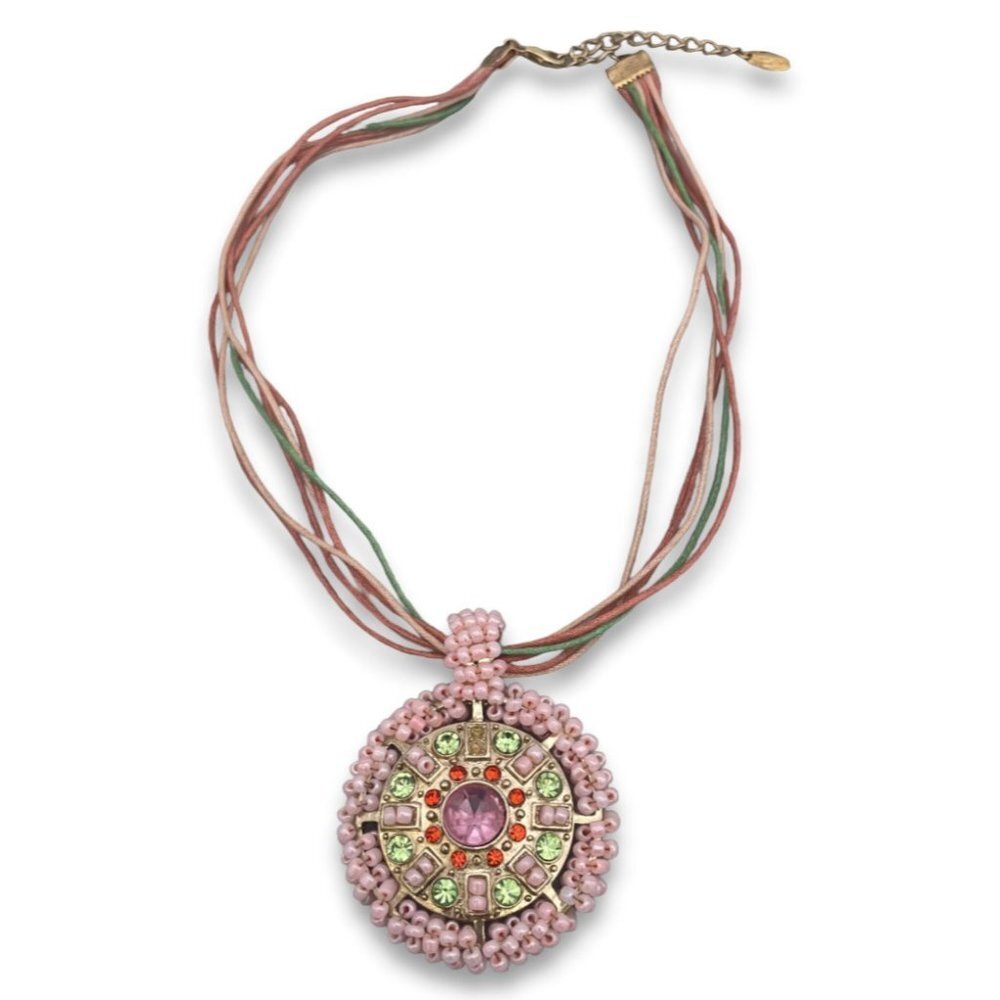 Vclm Pink Beaded Rhinestone Circle Pendant Multicolor Cord Necklace 15 To 17 In 38$